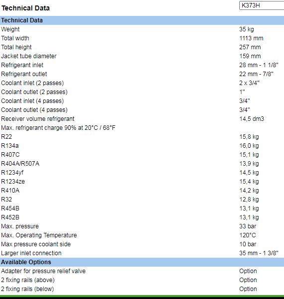 Thông số kỹ thuật bình ngưng giải nhiệt nước BITZER – K373H